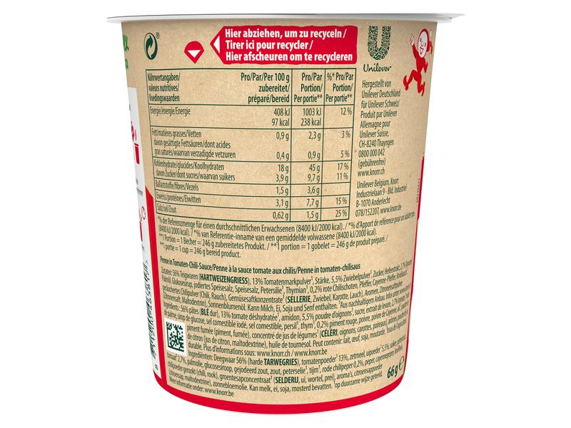Knorr Pasta Snack Arrabbiata 68 g Fertiggericht mit Teigwaren in Tomaten-Chili-Sauce
