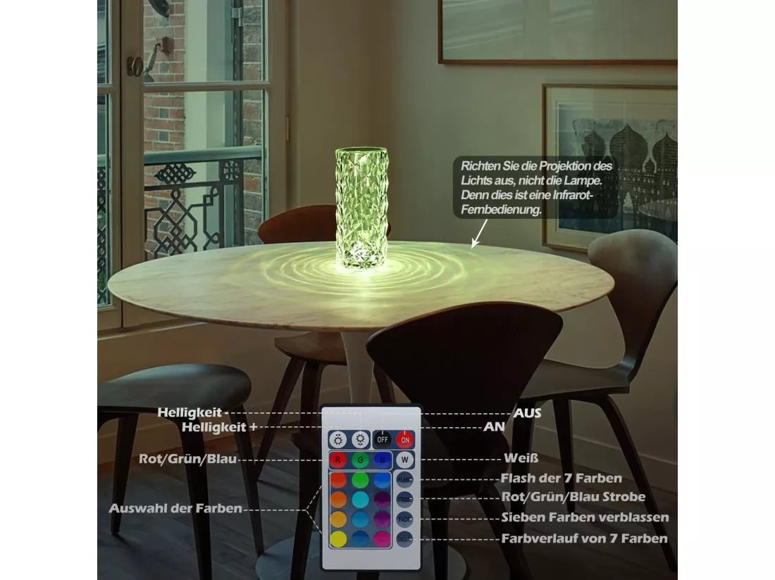 NETTLIFE Lampe de table LED de chevet sans fil - Cristal Variable Lampe de table Touch Rechargeable RGB Lamp Chambre RVB Télécommande 16 couleurs
