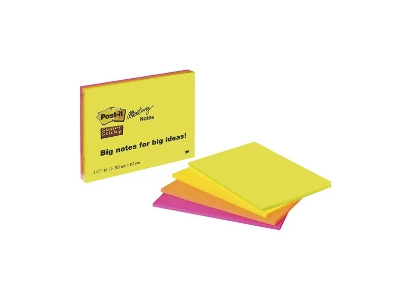 Post-it® Super Sticky Meeting notes 203x152 mm - med 4 stk. blokke i ass. neonfarver