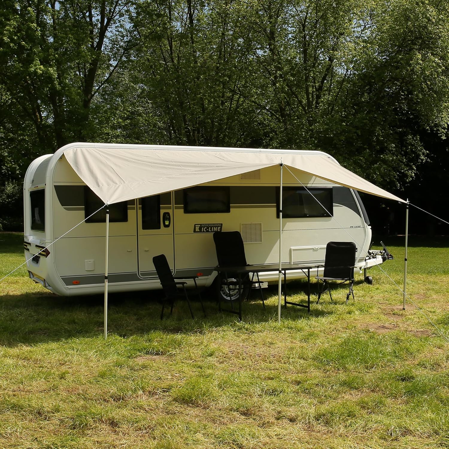 your GEAR Caravan Tarp TC Wohnwagen Sonnendach – wasserdichtes Baumwoll-Sonnensegel mit UV 50+, Alu-Teleskopstangen, in 5 Größen (Beige/Sand, 450 x 240 cm)