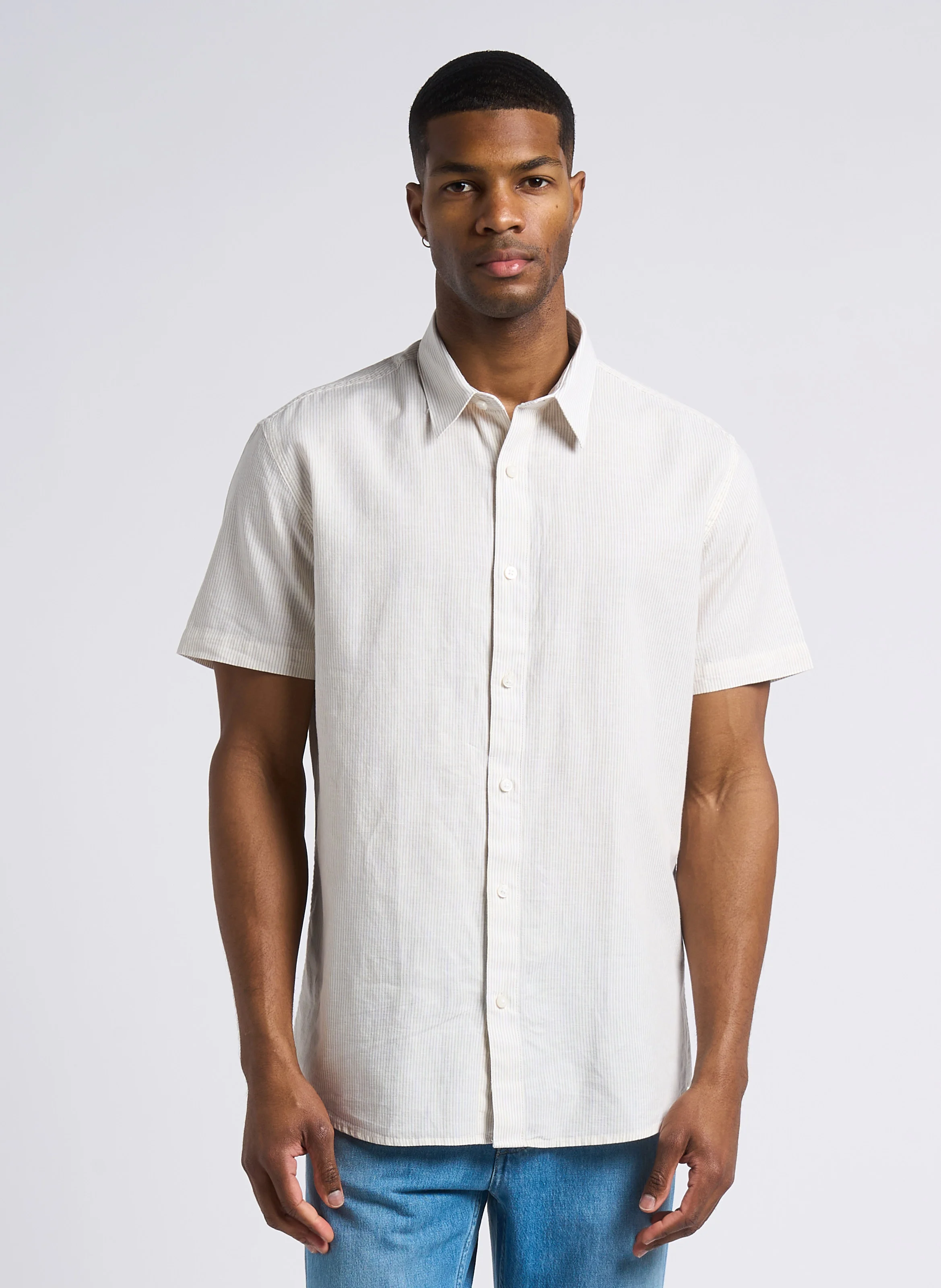 Chemise rayée en coton et lin | Beige