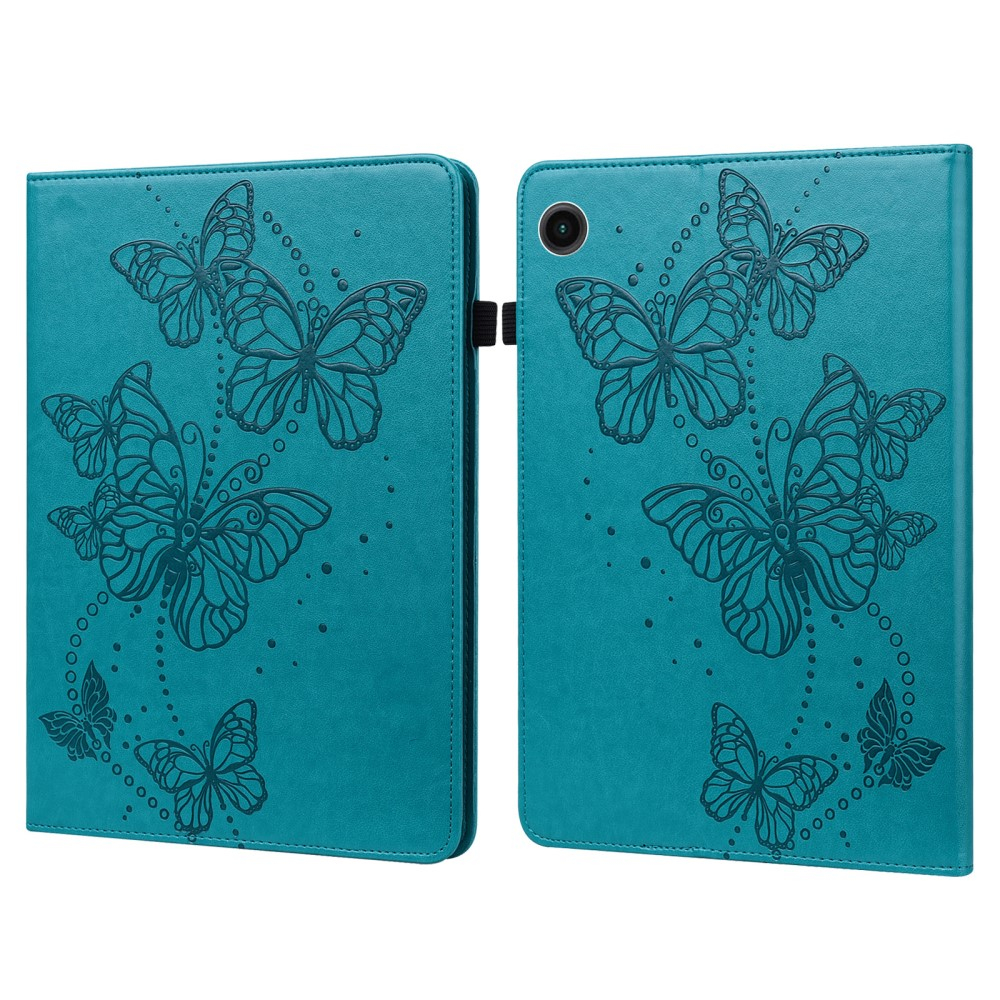 Samsung Galaxy Tab A11 / A9 Leder Tasche Flip Cover Butterflies Imprint   S-Pen Halterung - Blaugrün