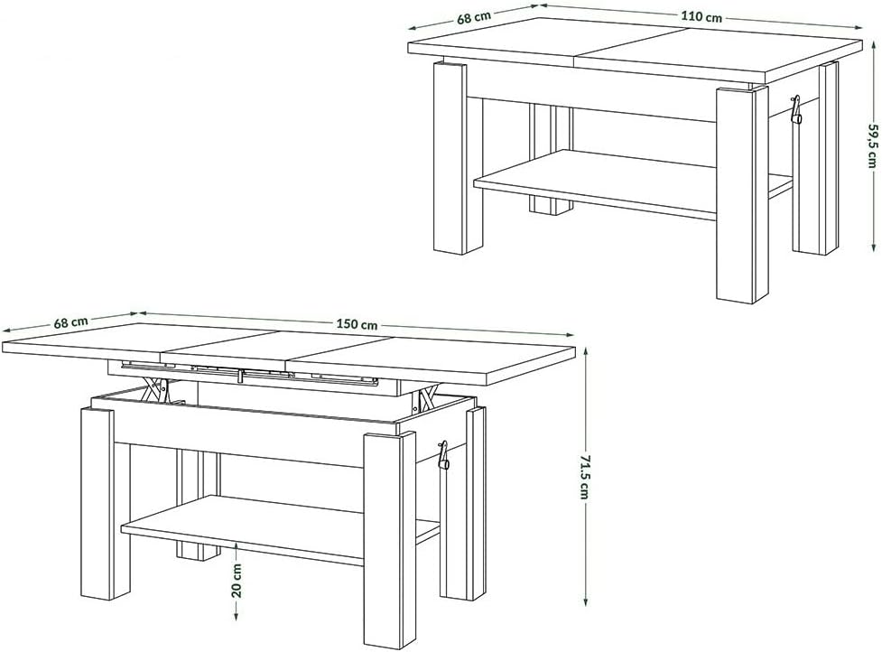 All4All Couchtisch Astra - Kaffeetisch - Wohnzimmertisch – Sofatisch mit Ablage - höhenverstellbar - kompakte Größe - Sofatisch - 110x68cm - 05 - Sonoma Eiche