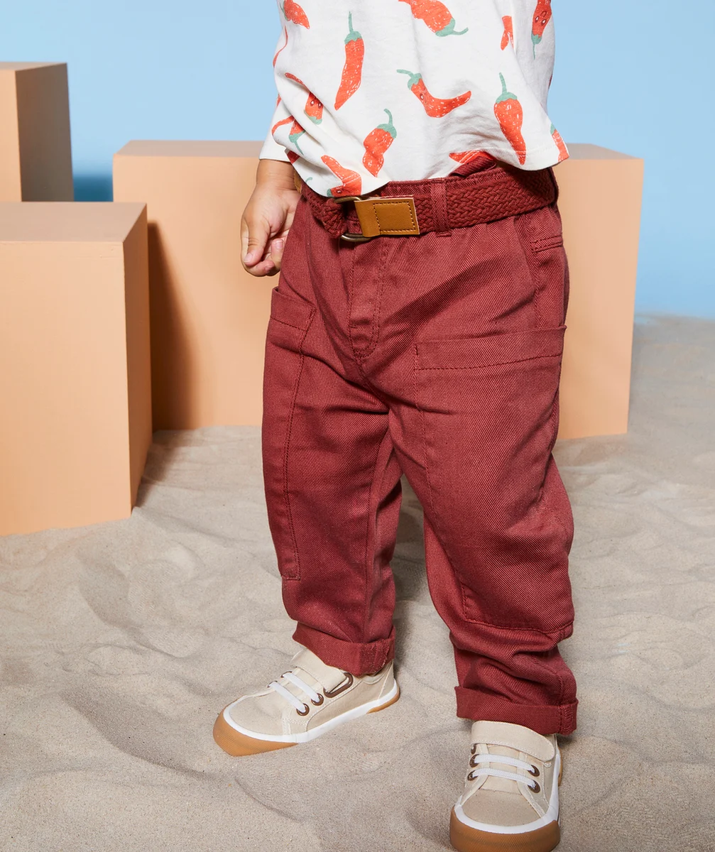 PANTALON RELAX BÉBÉ GARÇON EN VISCOSE RESPONSABLE ROUILLE AVEC CEINTURE