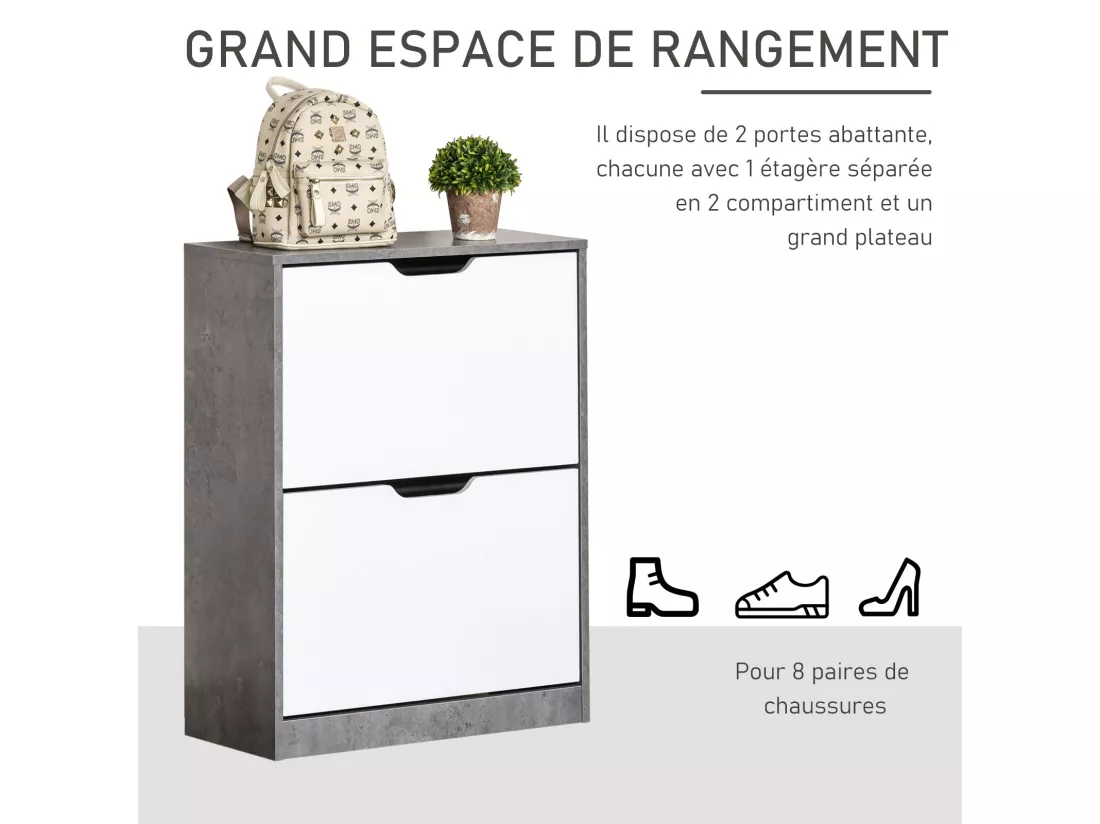 Armoire à chaussures meuble à chaussures dim. 62L x 26l x 81H cm 2 portes abattantes blanc effet béton ciré