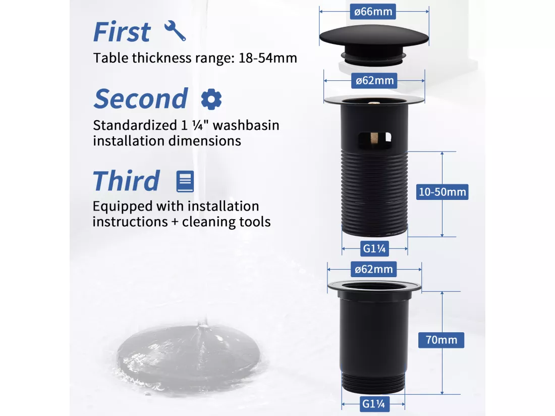 Bonde de Lavabo Bonde Pop-up avec Trop-plein Automatique Universelle Vidage pour Vasque et Lavabo Équipé Panier-filtre Noir G1-1-4