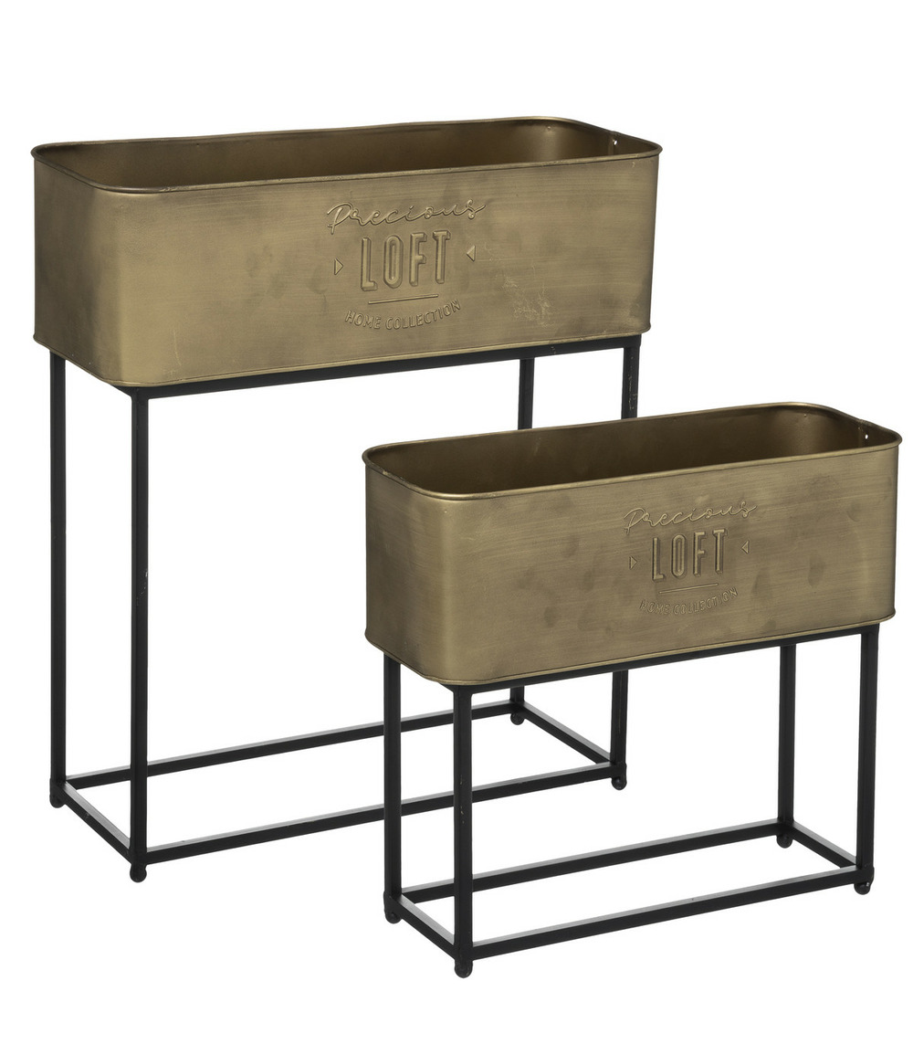 Set de 2 jardinières sur pieds en métal doré brossé et noir
