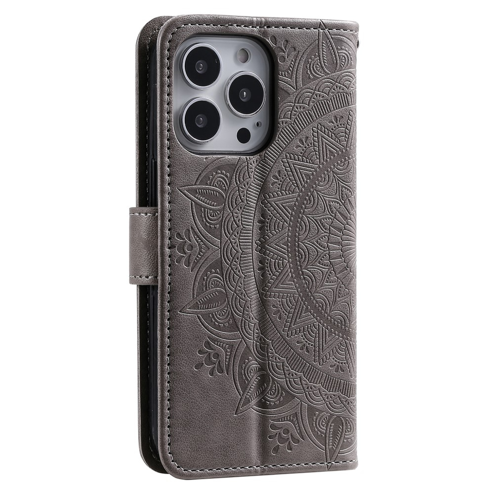 iPhone 15 Pro Max Leder Tasche Wallet - Mandala Flowers Imprint - Grau
