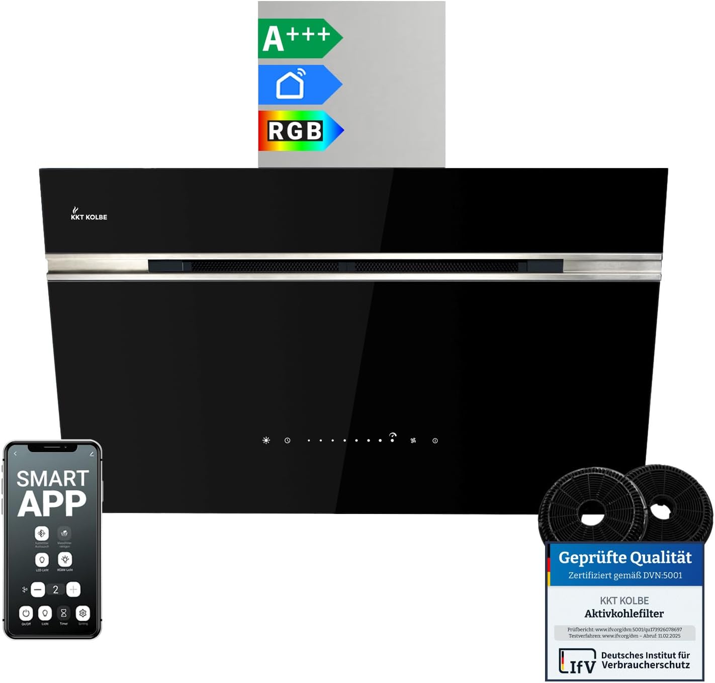 KKT KOLBE A+++ Dunstabzugshaube 80 cm 782 cbm/h Umluft Abluft Kopffrei Wandhaube | Schwarz Silber Edelstahl | Glas | Nachlaufautomatik | Smart WiFi App WLAN | SensorTouch | RGBW LED | AURORA8005SE