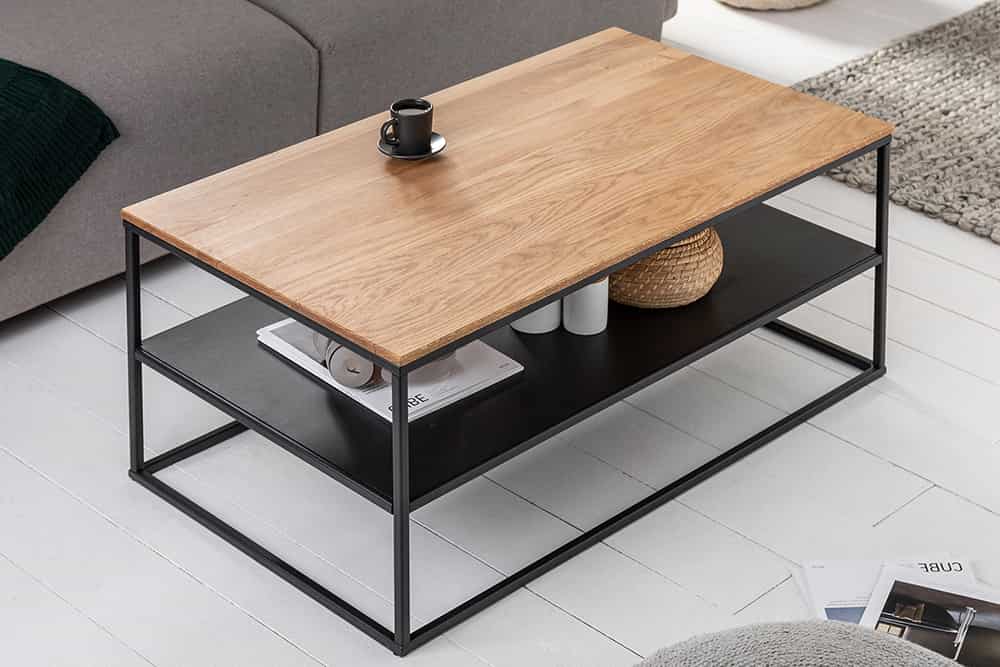 Industrial Couchtisch APARTMENT 95cm Massivholz Eiche geölt mit Ablage Metallgestell schwarz