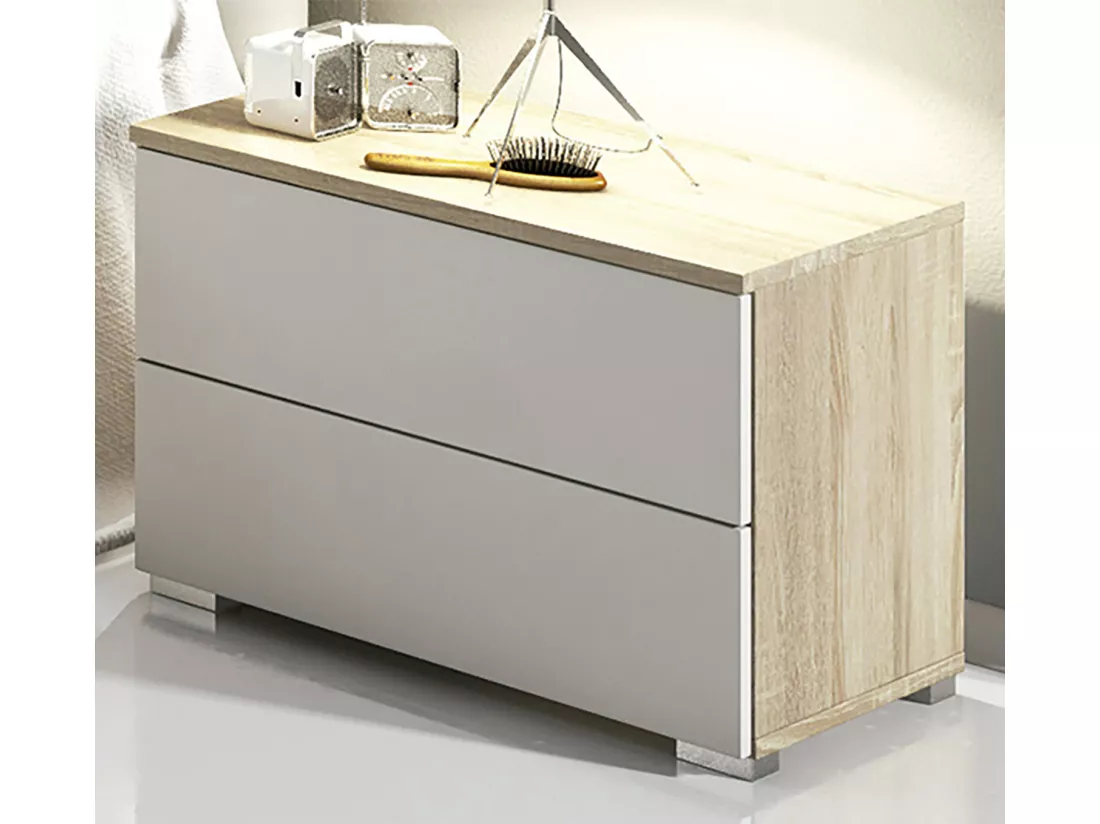 Ensemble chambre à coucher, tête de lit capitonnée + 2 tables chevets + chiffonnier coloris Blanc/Chêne cambrian