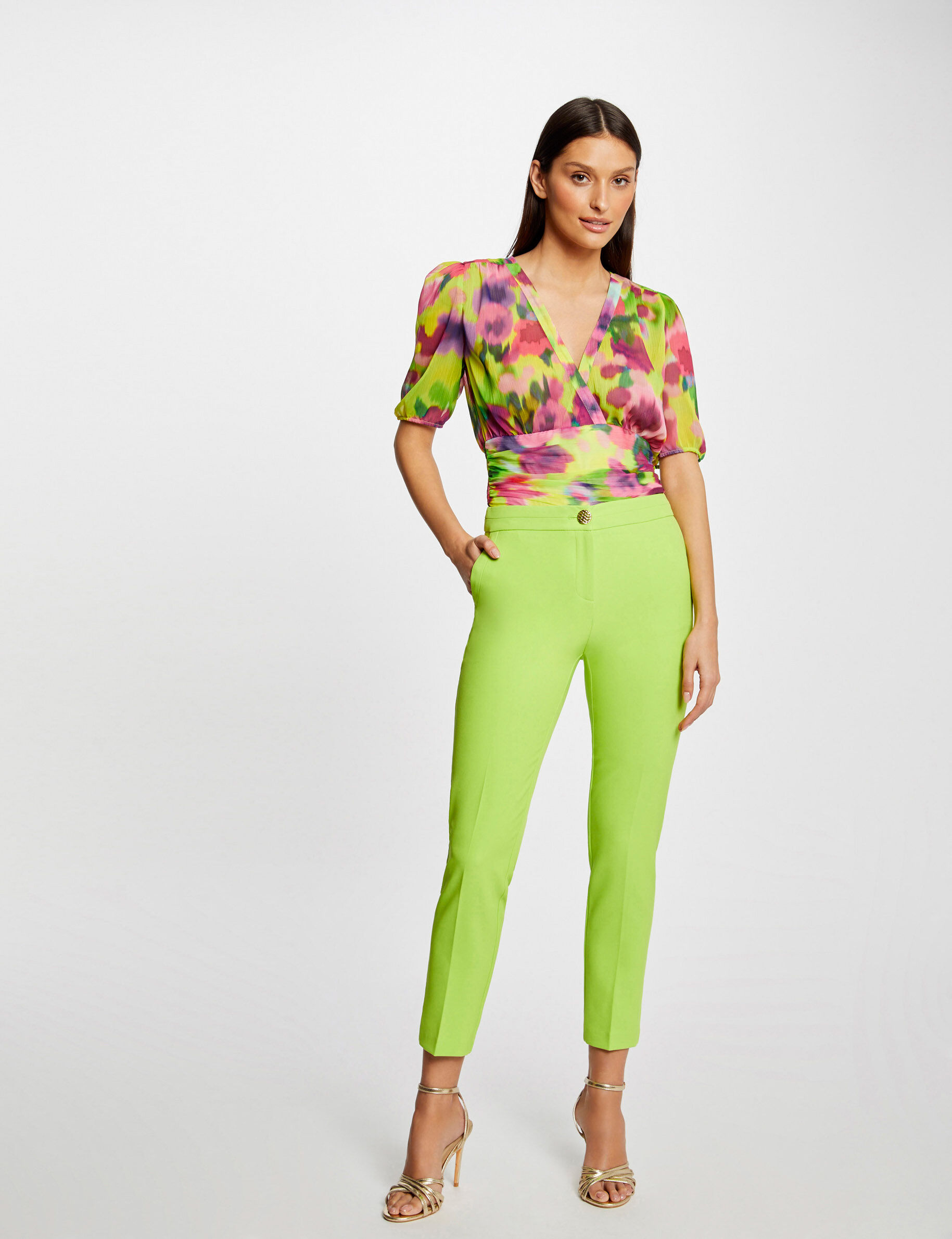 Pantalon city ajusté 7/8ème à pinces anis femme - anis