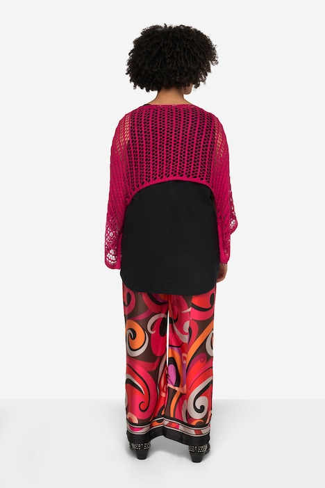 Poncho, oversized, Netz-Strick, U-Boot-Ausschnitt, Langarm