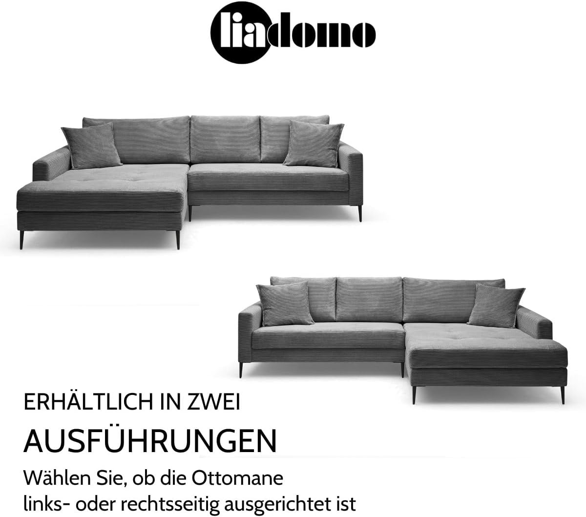 Sofa Hilary Graphit, modernes Ecksofa, Cordbezug in Grau, Ottomane rechts, Couch mit hohem Sitzkomfort, pflegeleicht & formstabil, Metallfüße, Sofa in L-Form, Made in Europe