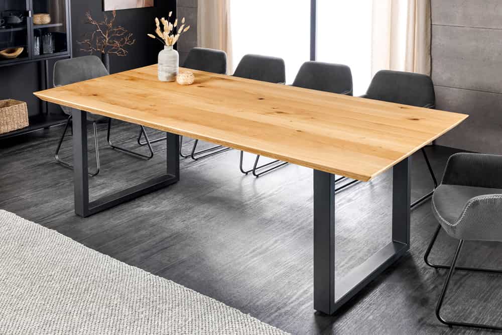 Massivholz Esstisch WILD OAK 200cm natur Wildeiche Schweizer Kante Metall U-Gestell