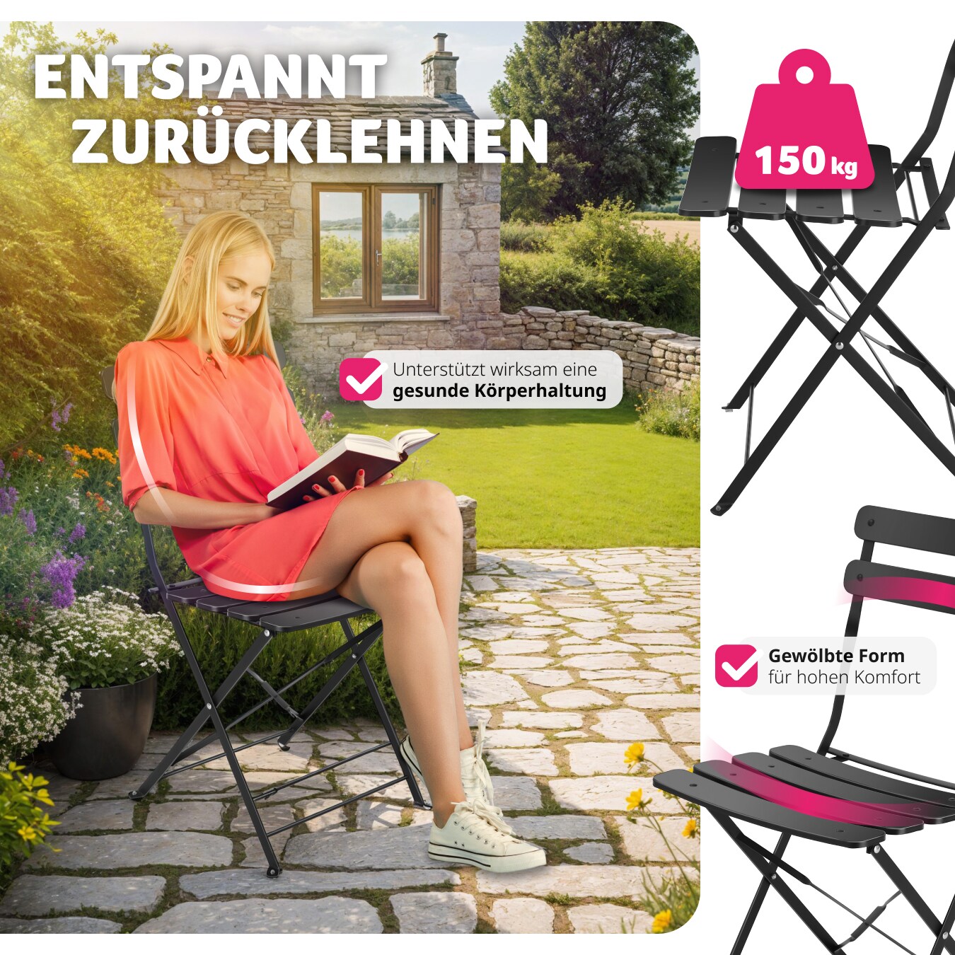tectake® Bistrotisch Set, für 2 Personen, widerstandsfähig, Belastbarkeit Stuhl 120 kg