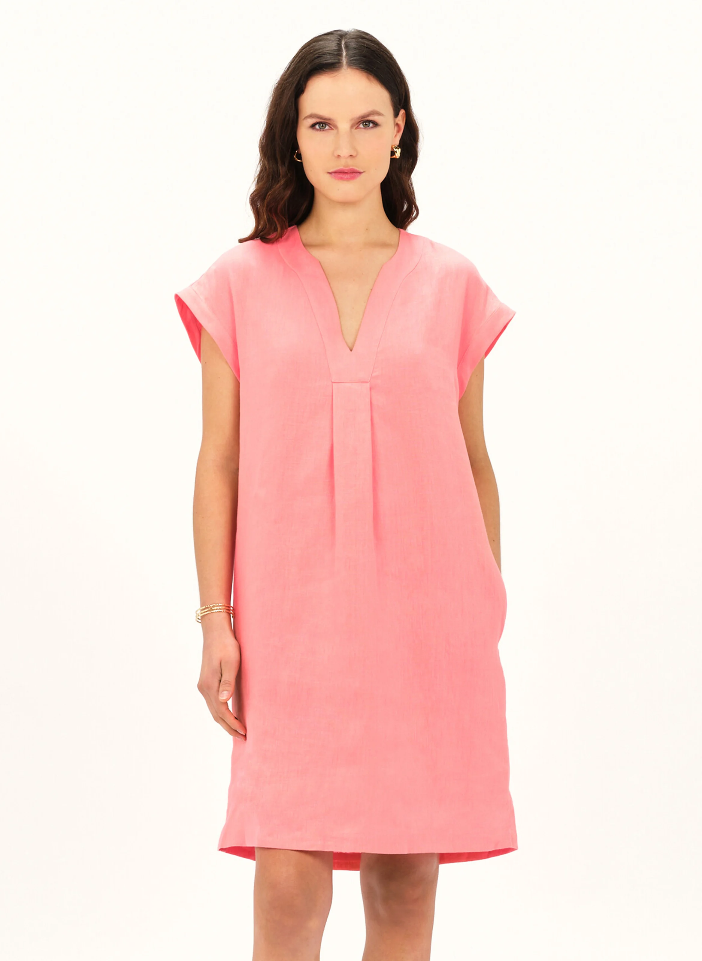 MIRABELLE - Robe courte droite encolure V en lin | Rose