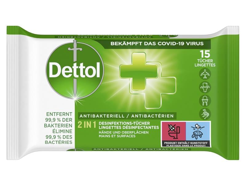 Dettol Desinfektionstücher 2 in 1 15 Stück Desinfektionsmittel für Hände und Oberflächen