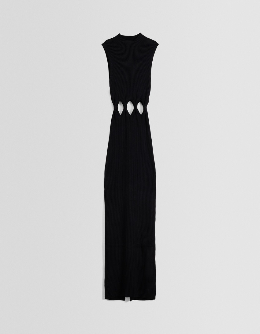 Vestido midi sem mangas em malha canelada com detalhe vazado