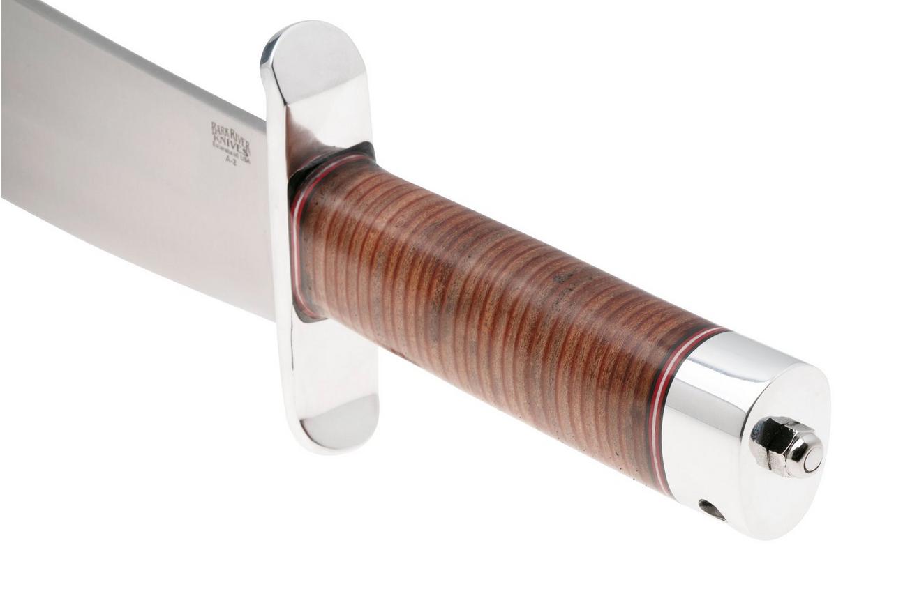 Bark River V-44 Bowie A2 Stacked Leather, Brass Double Quillion, bowie-mes