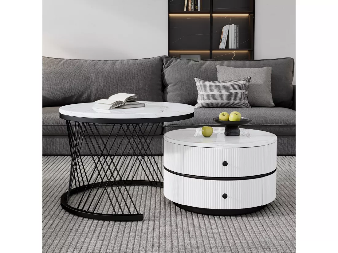 Lot de 2 tables basses gigognes rondes avec 2 tiroirs - 60x60x46cm + 50x50x30.8cm - Motif à marbre - Bois MDF et métal - Blanc + noir