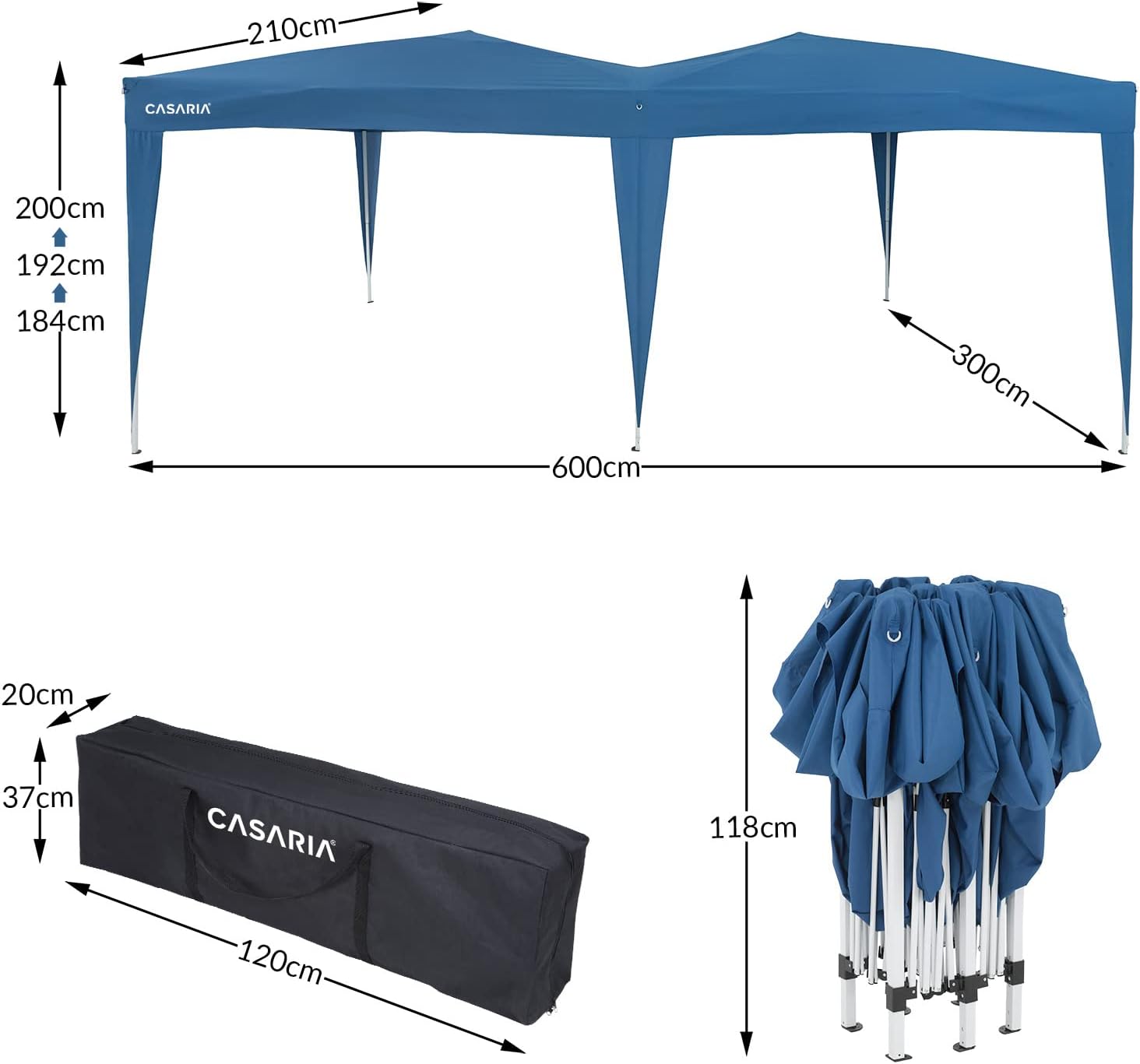 CASARIA® Pavillon Capri 3x6m Pop-Up Blau Wasserabweisend Inkl. Tasche UV-Schutz Faltpavillon Gartenzelt Partyzelt Zelt