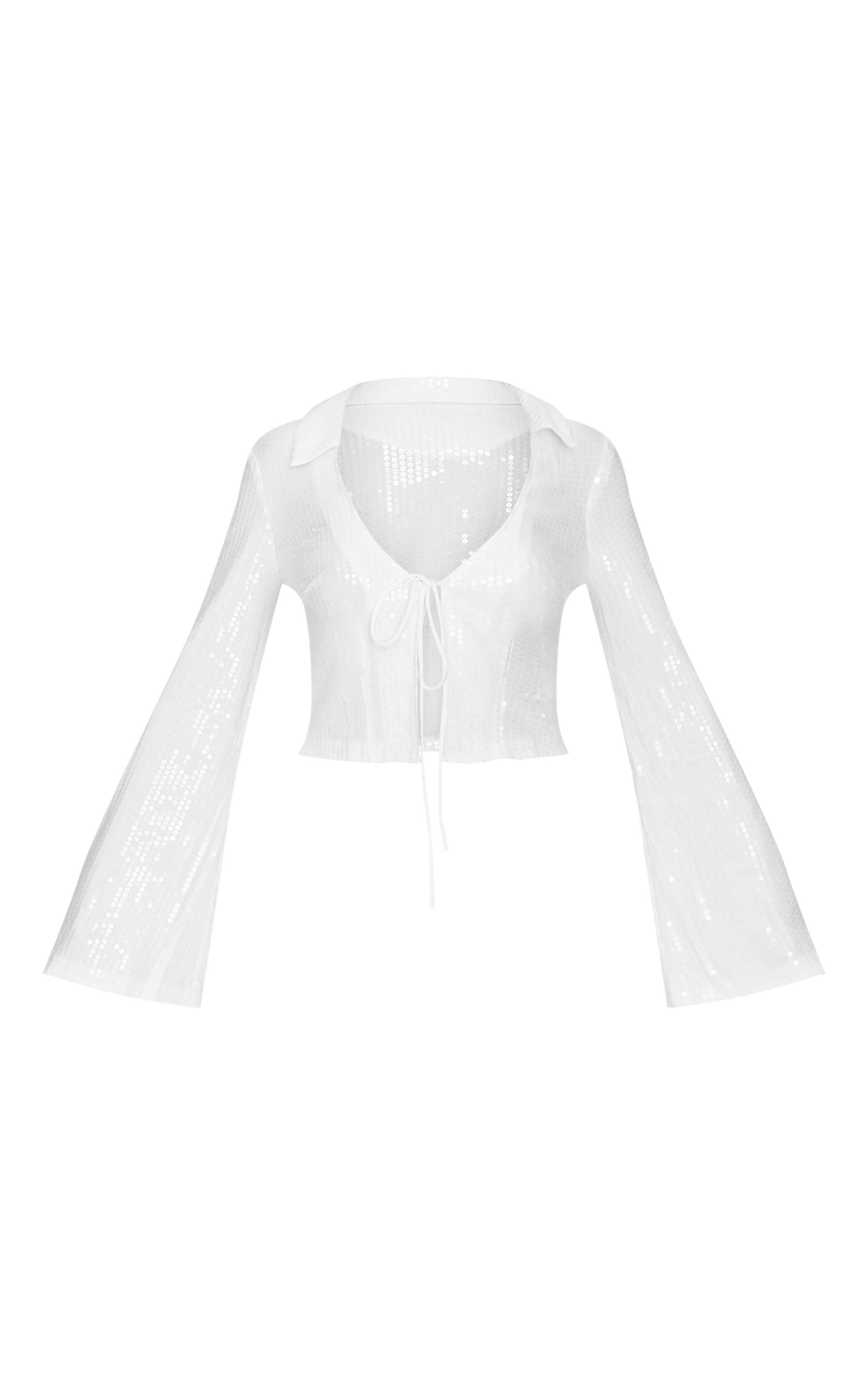 Blanc Chemise À Manches Longues Imprimé Léopard À Paillettes Avec Détail Noué Devant
