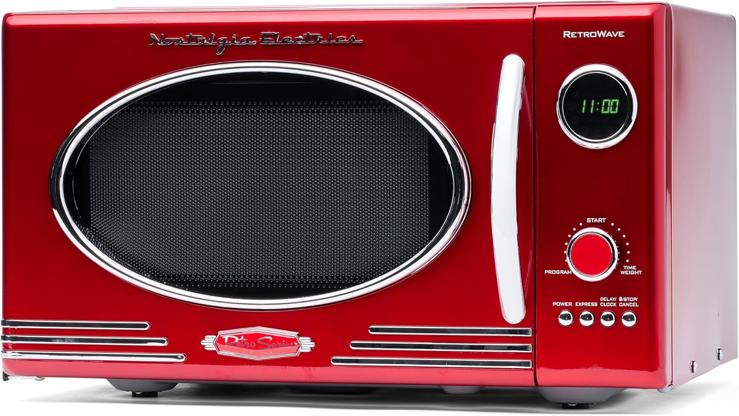 Nostalgia Four à Micro-Ondes de Comptoir Rétro - Grand 800 Watts - 25,4 L - 12 Réglages de Cuisson Préréglés - Horloge Numérique - Appareils de Cuisine - Rouge