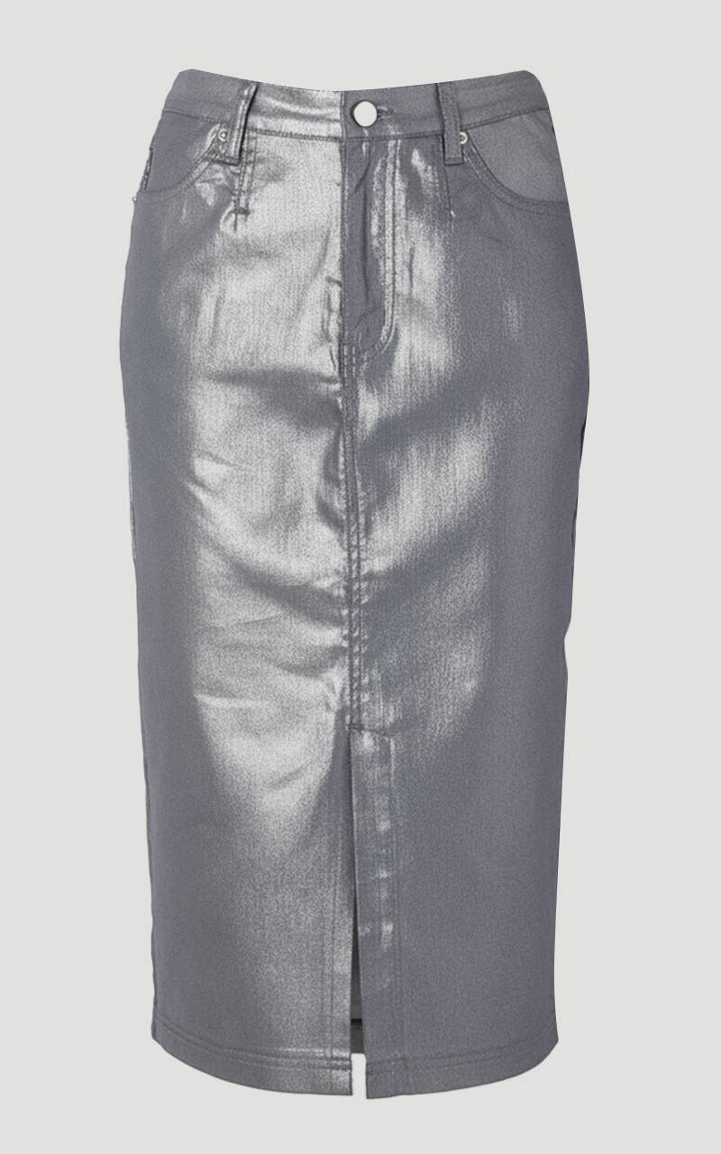 KarenMillen Jupe Crayon Mi-Longue en Denim à Revêtement Métallisé