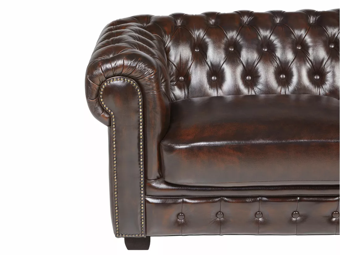 Canapé chesterfield 3 places BRENTON 100% cuir de buffle - Marron reflets châtains