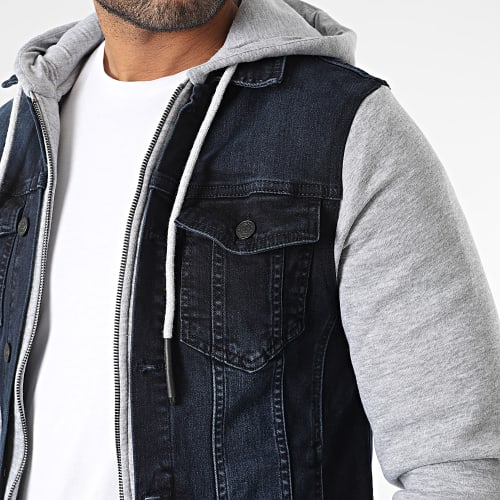 Veste Jean Capuche Bleu Brut Gris Chiné