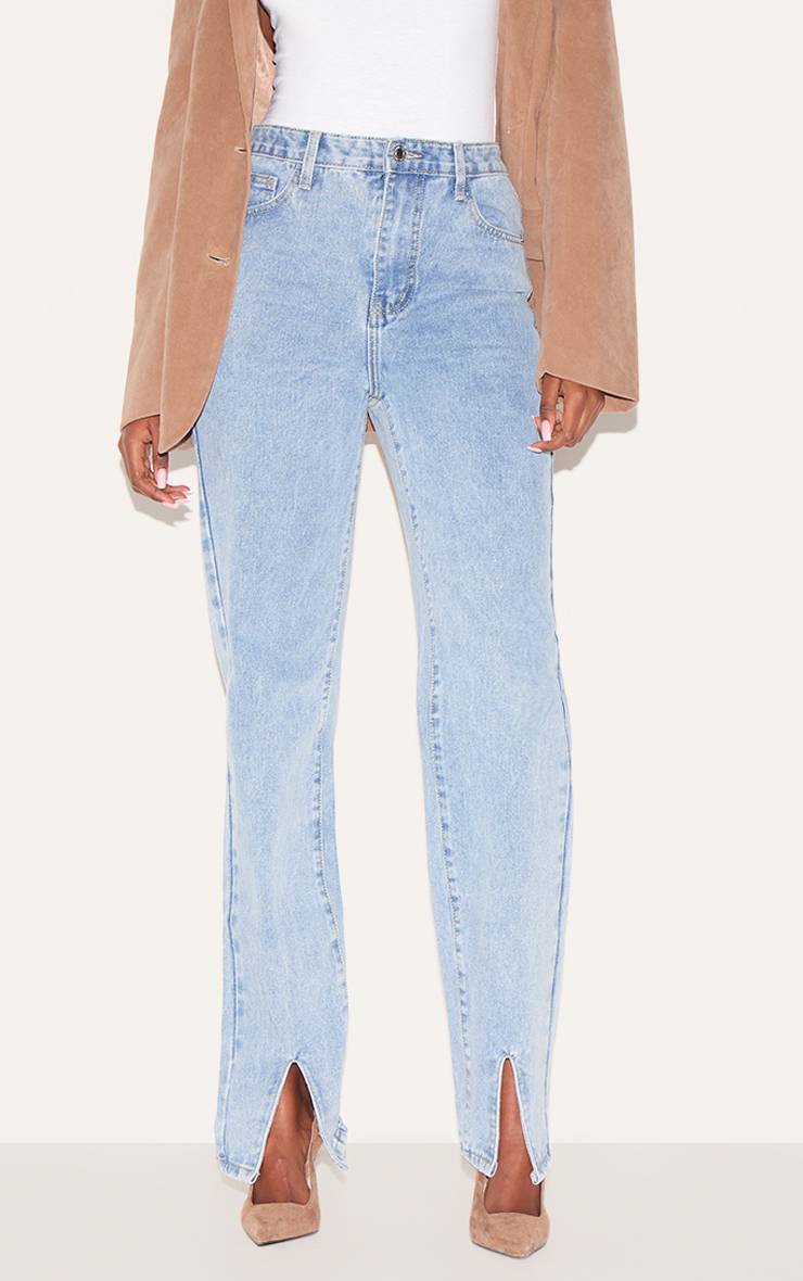 Light Blue Wash Jean Droit Jambes Longues Avec Fente Frontale