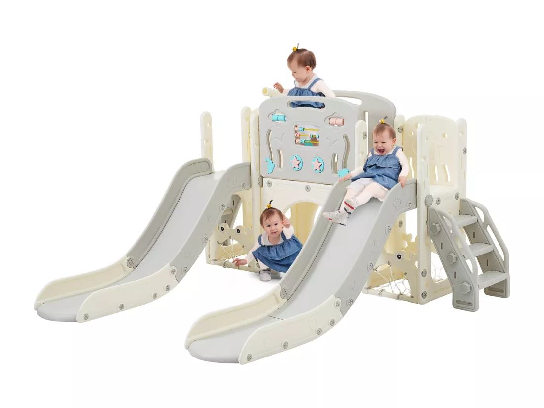 Ensemble aire de jeux pour enfants 8 en 1 - 197 x 167 x 98cm - en matériel HDPE - avec toboggan et balançoire - Gris