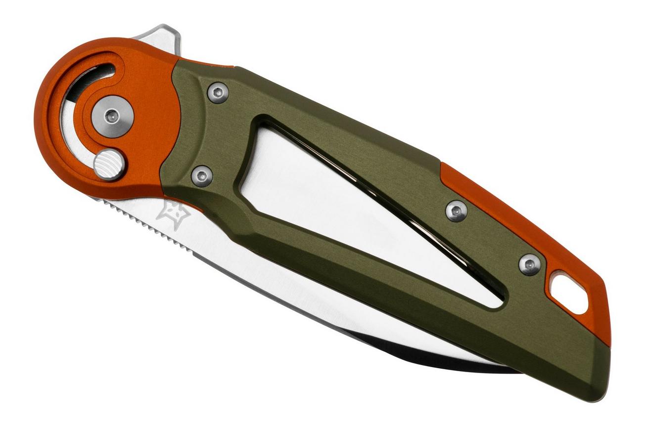 Fox Metamorphosis FX-556-B5 M390 Satin Wharncliffe, Green Aluminium, Orange Aluminium bolster zakmes