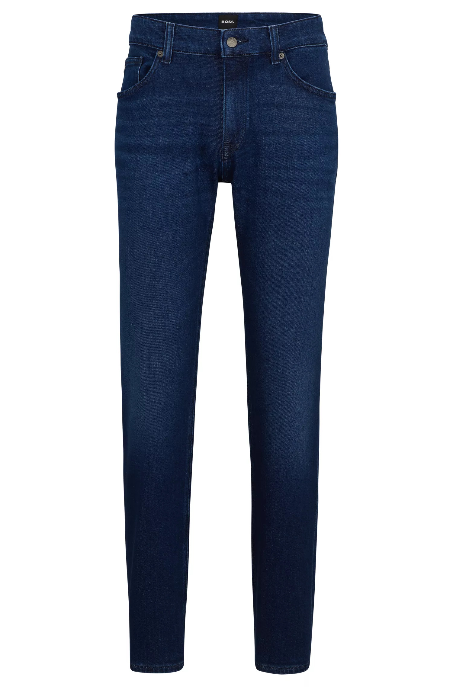 Calça jeans BOSS preta, corte regular, em denim azul-escuro com elasticidade confortável.