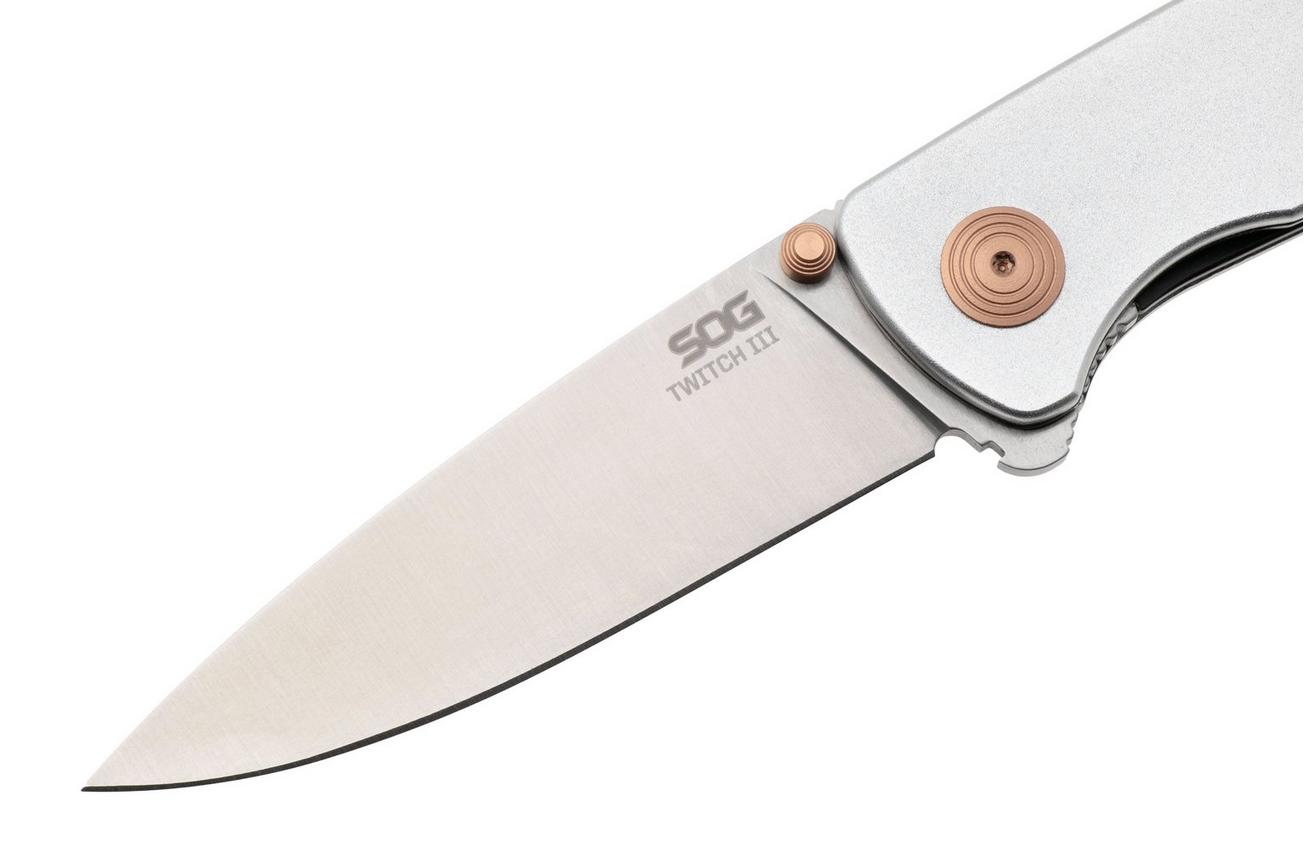 SOG Twitch III 11-15-02-43, Satin 154CM, Grey Aluminum, Rose Gold Hardware zakmes
