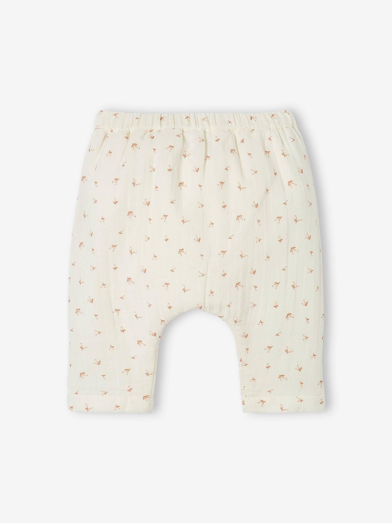 Calças harém em chiffon de algodão com forro, estampa infantil branca clara.