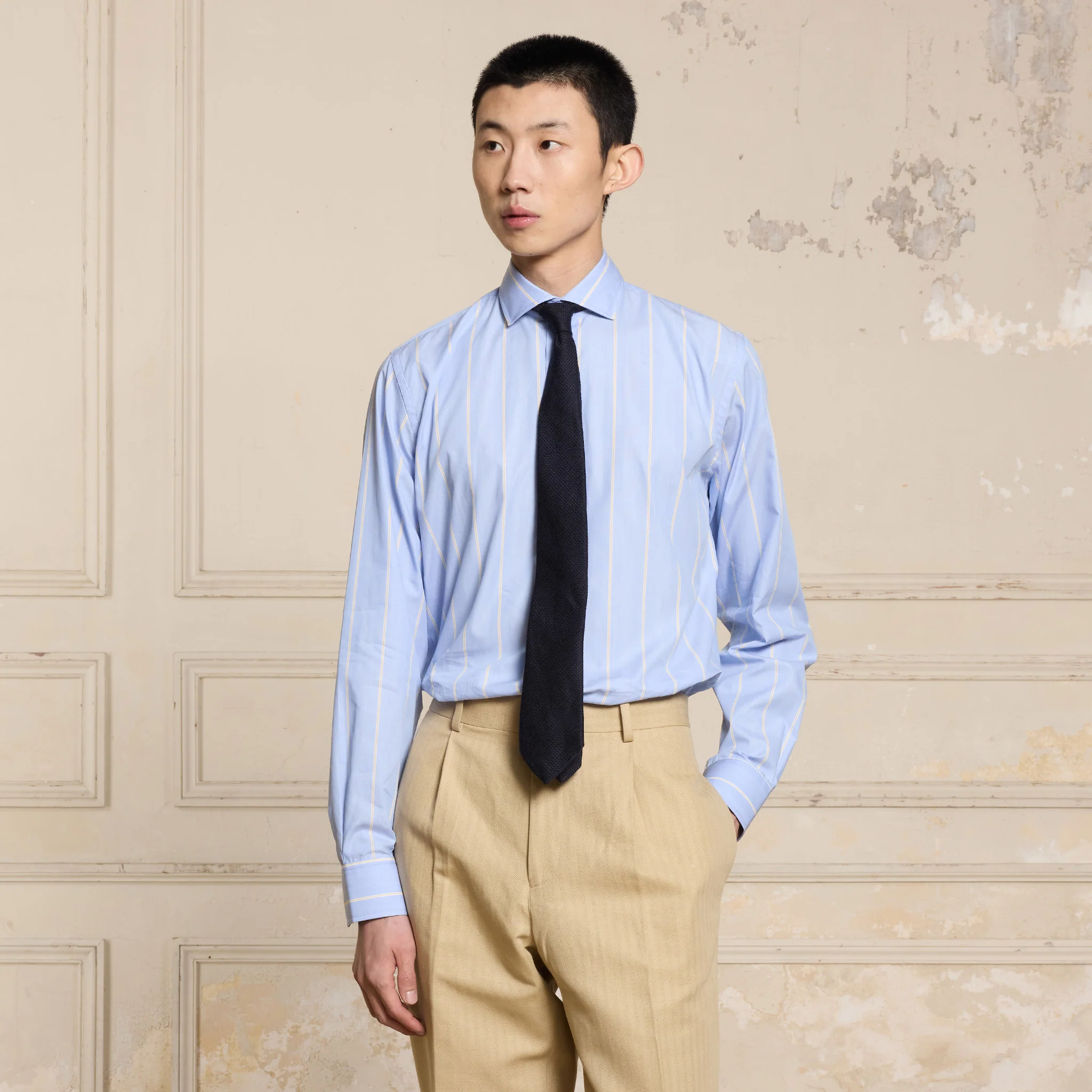 Blue poplin shirt with yellow stripes