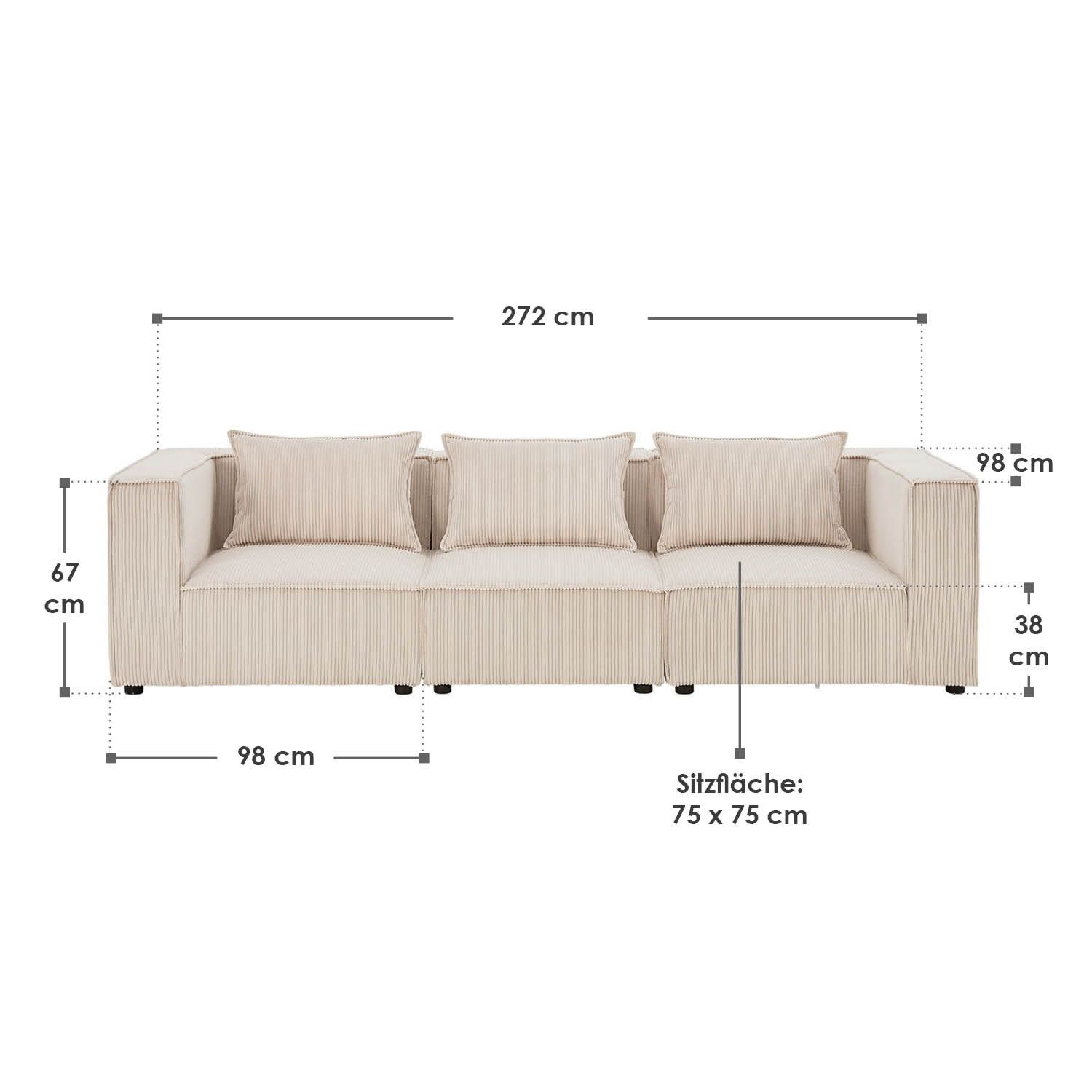 Juskys modulares Sofa Domas M - Couch Wohnzimmer - 3 Sitzer mit Lehnen & Kissen - Cord Beige