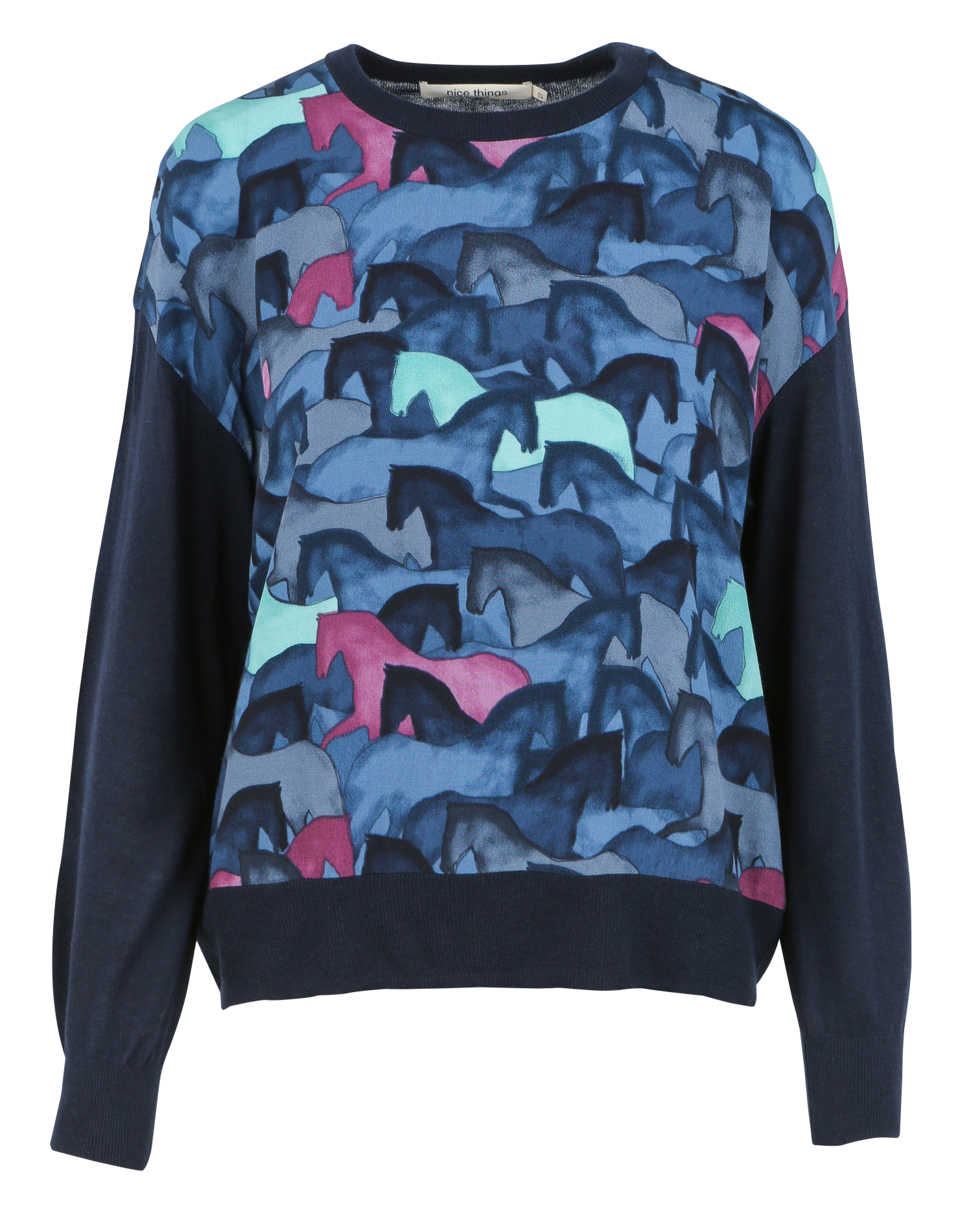 Pull col rond imprimé bi matière| Bleu