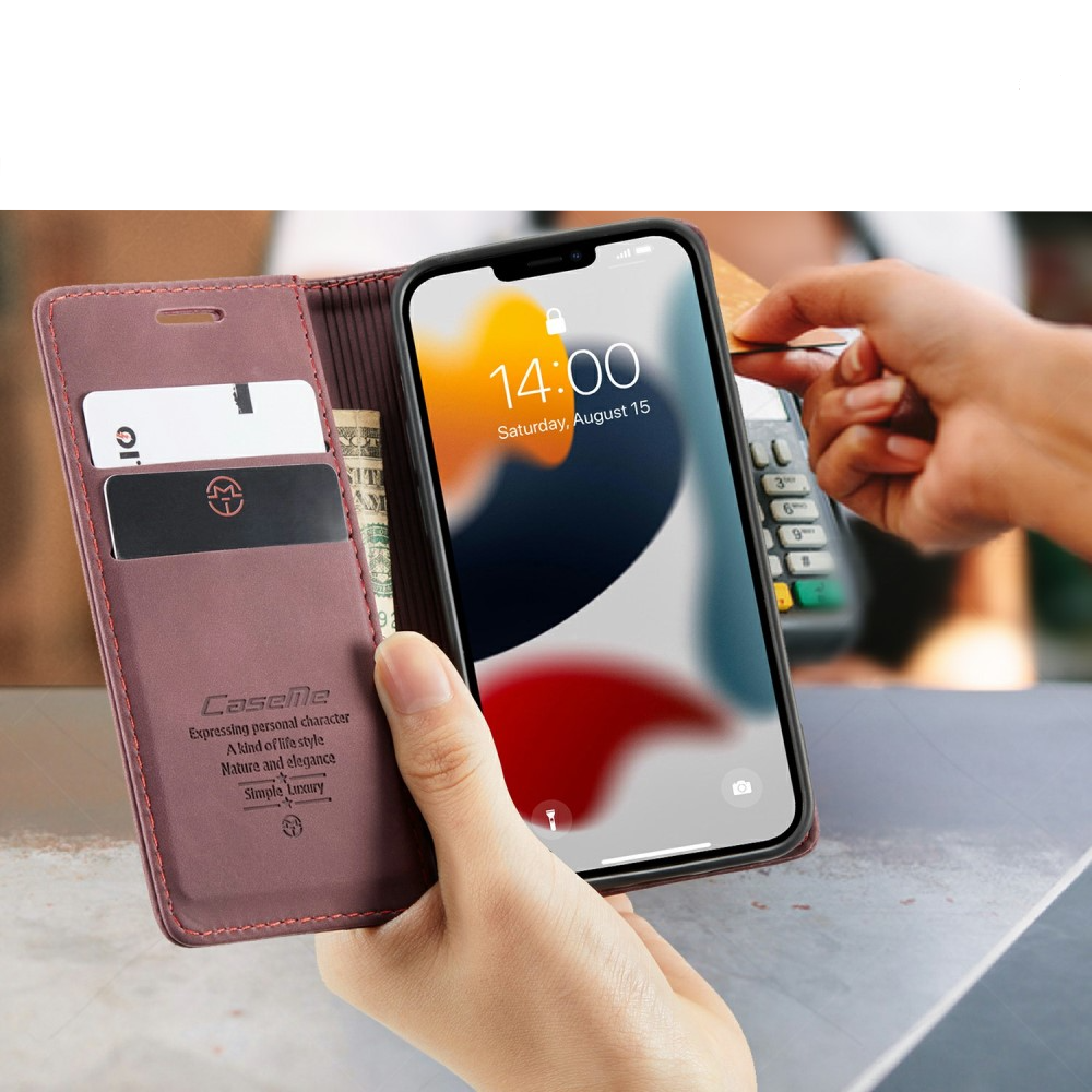 iPhone 13 Leder Tasche Flip Wallet Etui mit Kartenfächern - Dunkelrot