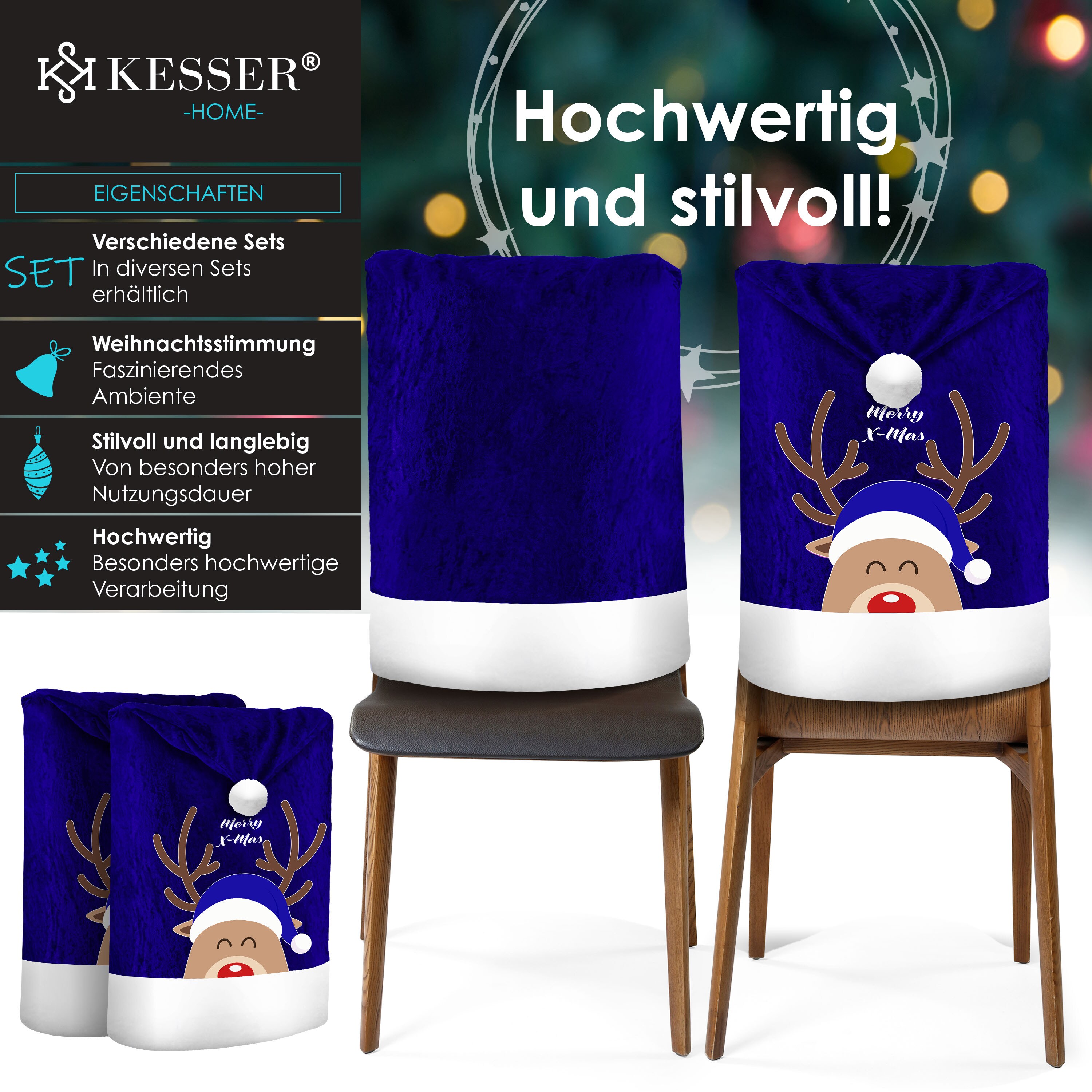 KESSER® Premium Weihnachtsstuhlüberzug Set Stuhlhussen für Weihnachten Nikolausmütze Stuhlbezug Husse Weihnachtsdeko für Stühle Überzieher - Stuhlabdeckung im weihnachtlichen Design