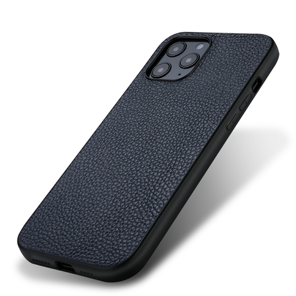 iPhone 12 / iPhone 12 Pro Echtleder Hardcase Hülle Litchi Look - Dunkelblau
