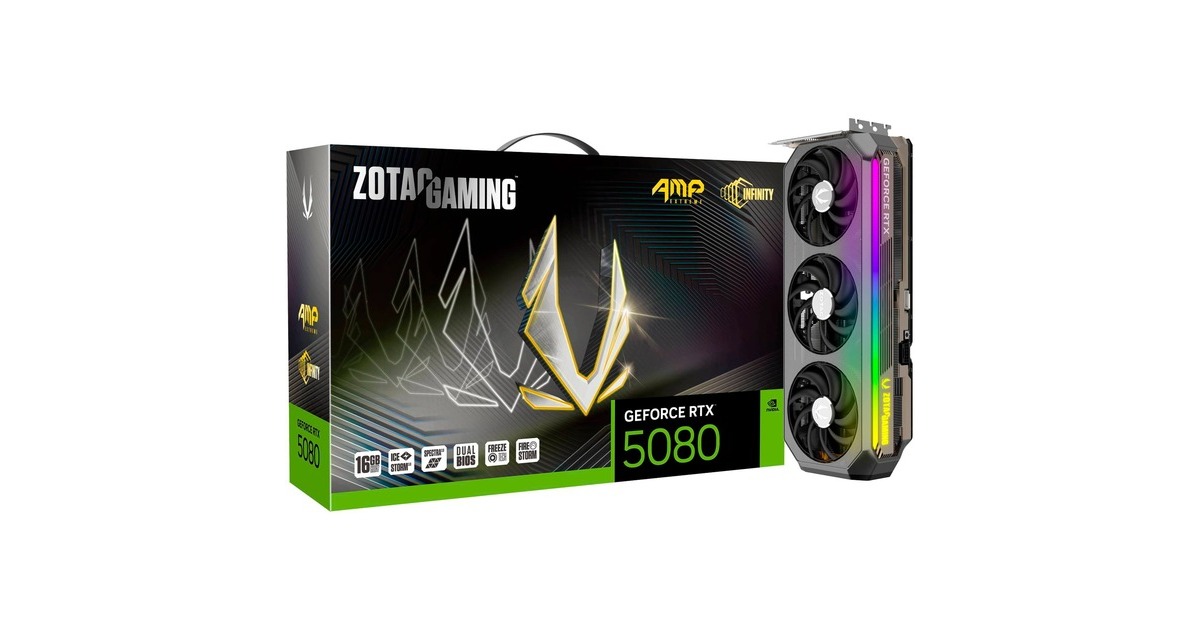ZOTACGeForce RTX 5080 AMP Extreme INFINITY grafische kaart  (DLSS 4, 3x DisplayPort, 1x HDMI 2.1)
