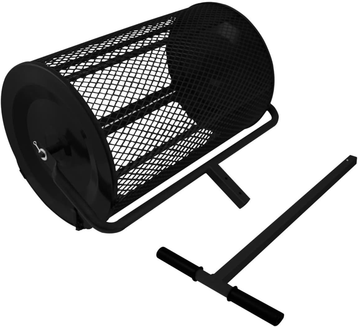 66cm Kompoststreuer Saatgutstreuer Schwarz Torfmoosstreuer Gartenstreuer Düngerstreuer Roller mit T Griff Garten Rasen Gras Stahl Verlängerbarer Griff 80L Maschenkorb Leichtgewichtig GRATIS Handschuhe