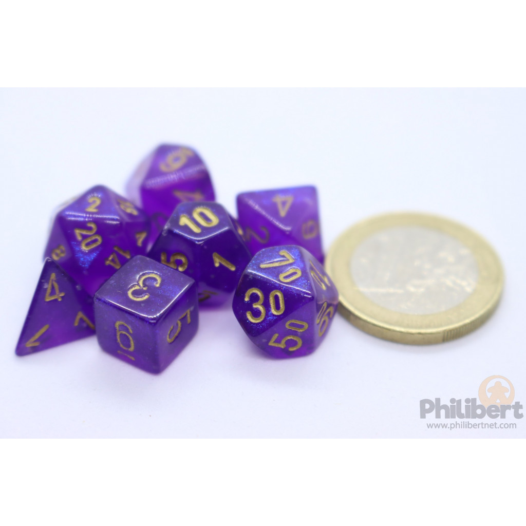 Set de 7 Mini Dés JDR Chessex : Borealis Royal Purple / Gold Luminary