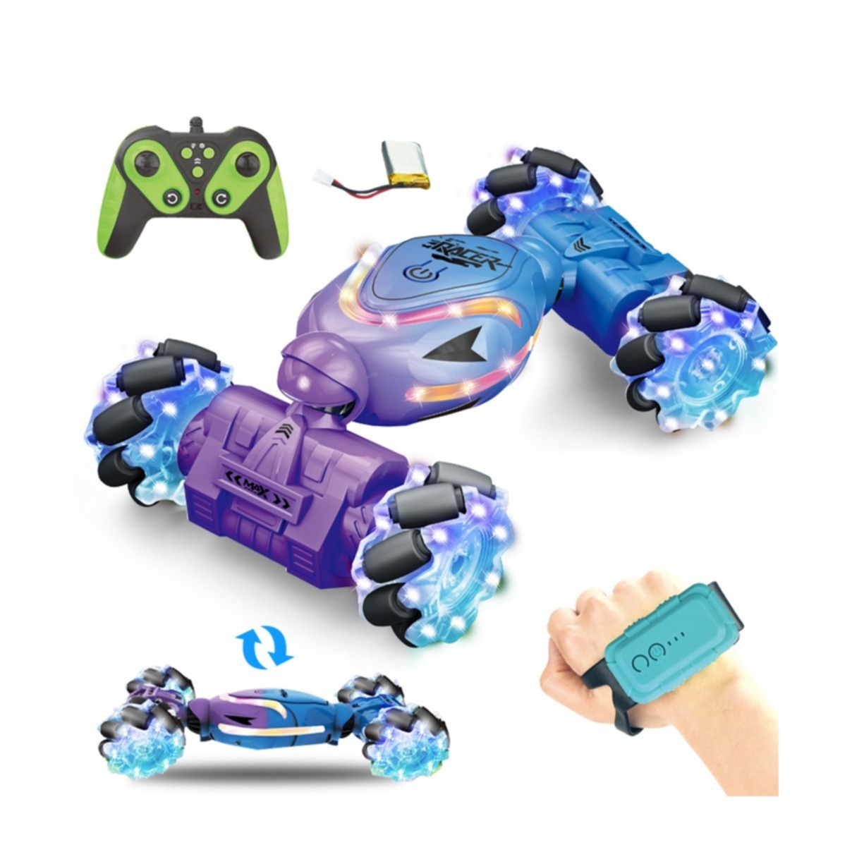 (22x13cm) Ferngesteuertes 2.4GHz RC Spielzeug Auto Stunt Car mit 360° Drehung / LED Licht / Sound Effekte (Batteriebetrieben) - Blau / Lila