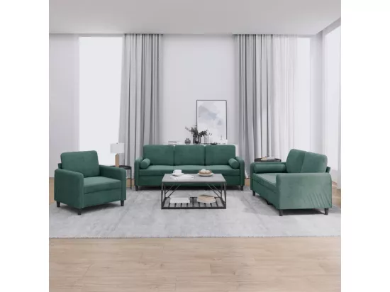 Ensemble de canapés 3 pièces avec coussins vert foncé velours