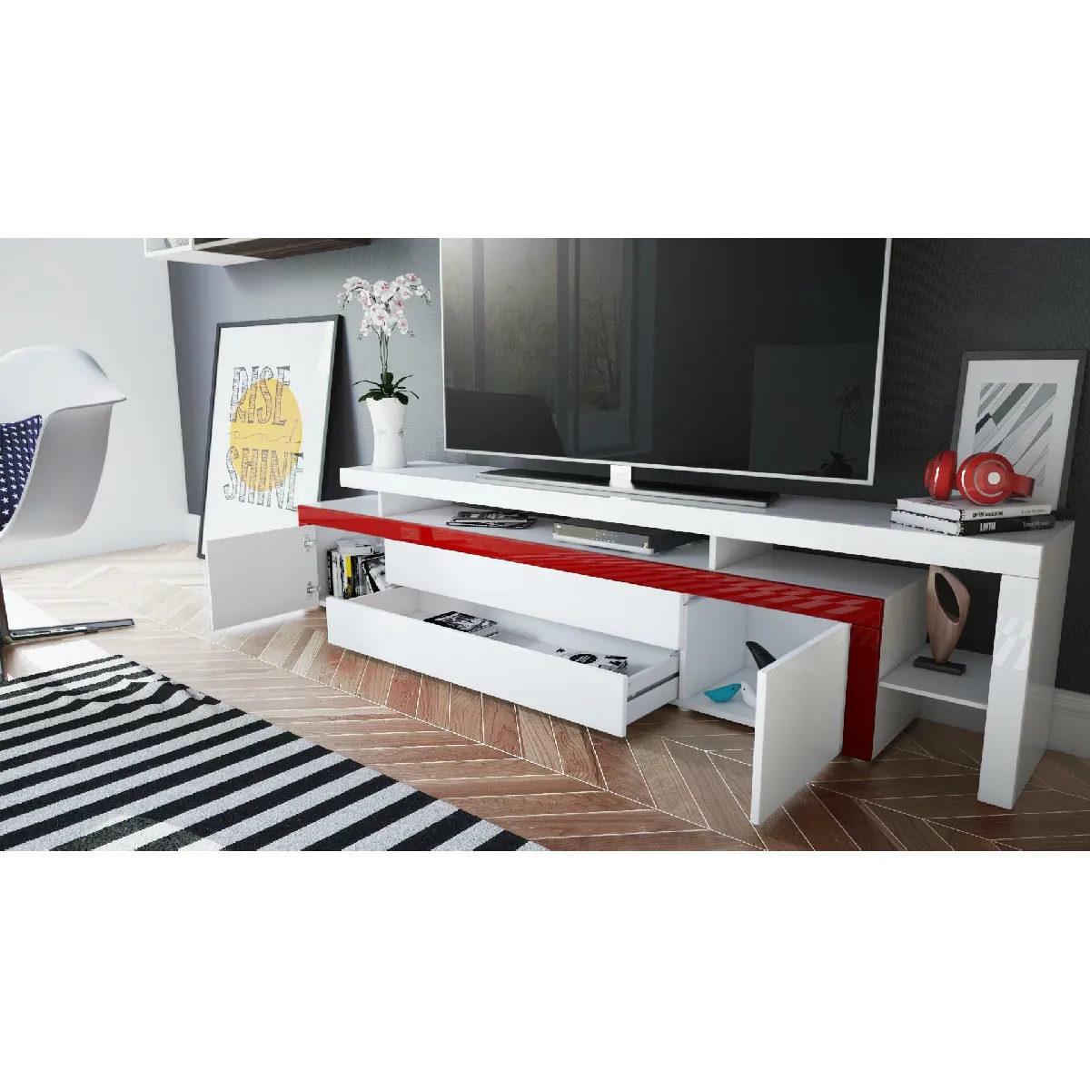 MPC Meuble TV - Blanc Laqué/Anthracite Mat + LED