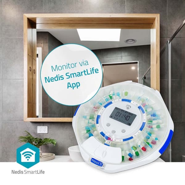 SmartLife Pilledispenser | Wi-Fi | 28 Rom | Antall alarmtider: 9 alarmtider per dag | Lys / Pip / Stemme | LCD-skjerm | Hvit